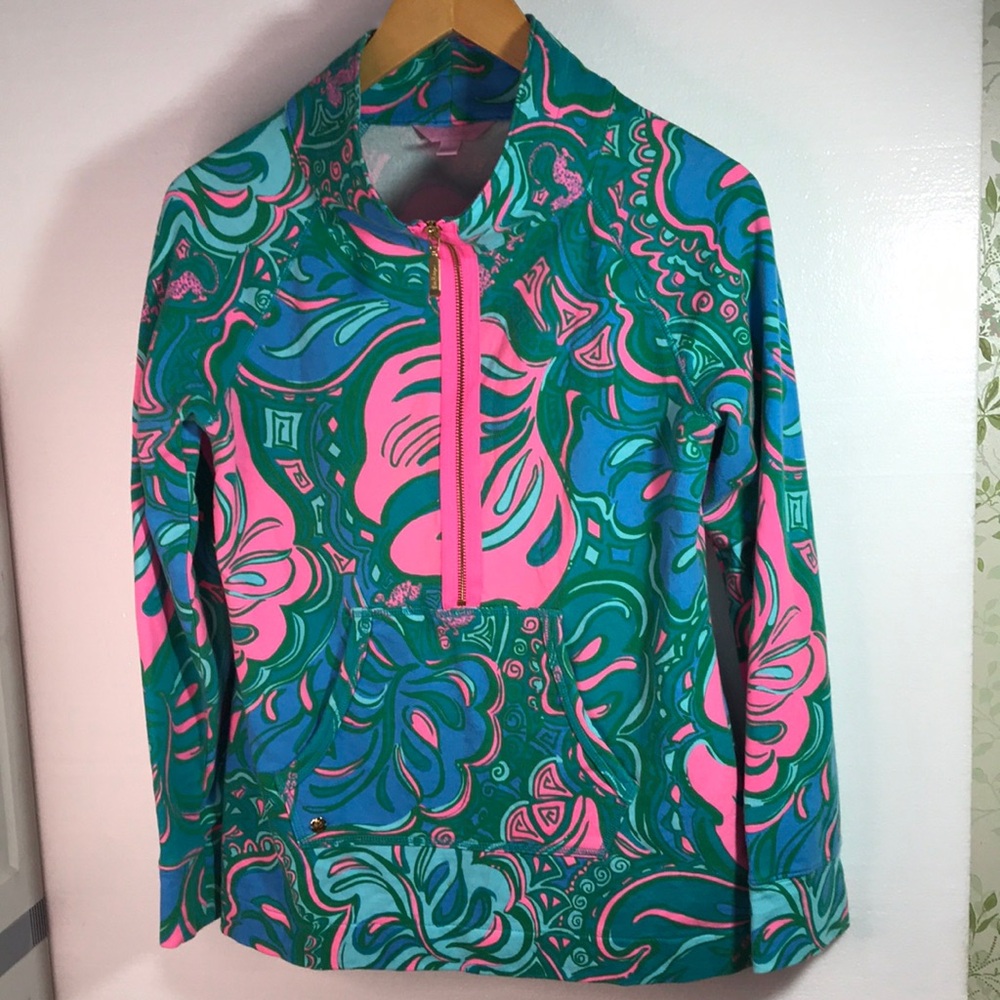 Lilly Pulitzer Skipper Popover Cheetah Tropical Leaf Print 1/2 Zip